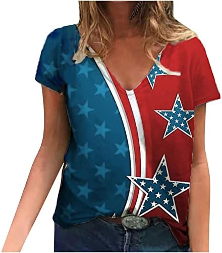 Тинејџерски девојки блок во боја американски шарени блузи vneck spandex врвови маички кратки ракави бранч блузи мг
