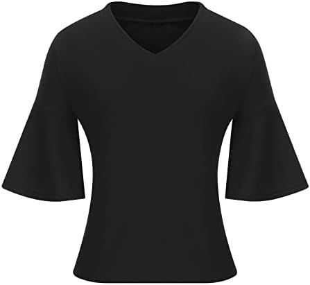 Дами обичен врвен опуштено вклопување блузи кратки 1/2 bellвоно ракав vneck спандекс бренд есен лето врвна облека мода br