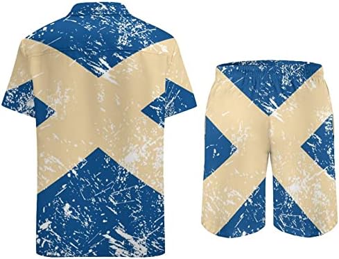 Шкотска ретро знаме мажи 2 парчиња Хавајски постави копче-надолу кошули со кратки ракави, панталони за плажа лабави вклопени манжетни тренерки