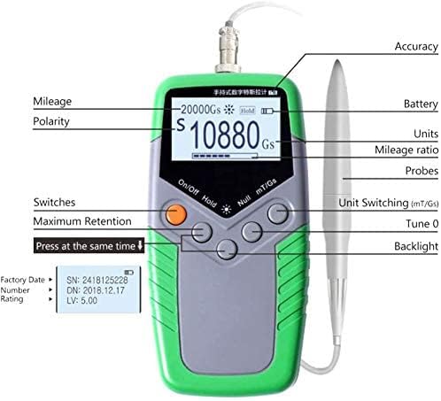 Тестер на тела метар LCD Gaussmeter Fluxmeter Surface Magnetical Field со NS функција Метална сонда од 0 до 2400mt