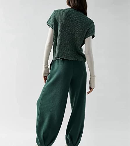 Јозази женски две парчиња облеки поставува џемпер со кратки ракави плетени врвови на пулвер и затегнати панталони