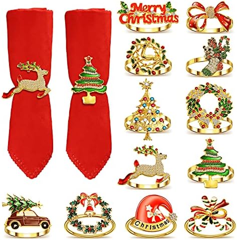 Божиќни салфетки прстени сет од 12 божици за салфетка од Божиќ, весела Божиќ Дедо Мраз, црвена лак елка, салфетка, салфетка за салфетка