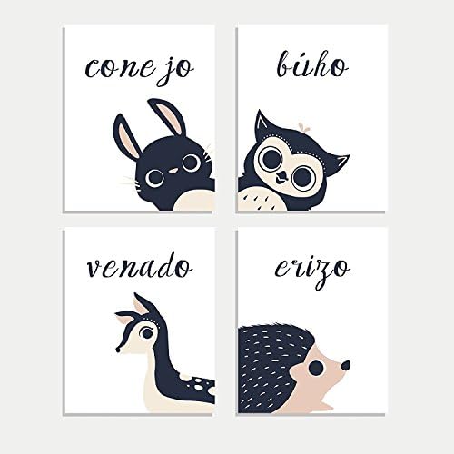 Ѕиркање Колекција На Животни на шпански, Детска Ѕидна Уметност, Комплет Од Четири Отпечатоци од 11х14 Инчи, Расадник За Шуми, Родово Неутрален