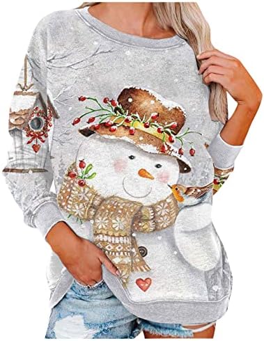 Божиќни кошули за жени со долги ракави, џемпери на екипаж, симпатични врвови, обични есен облека мода графика Тес