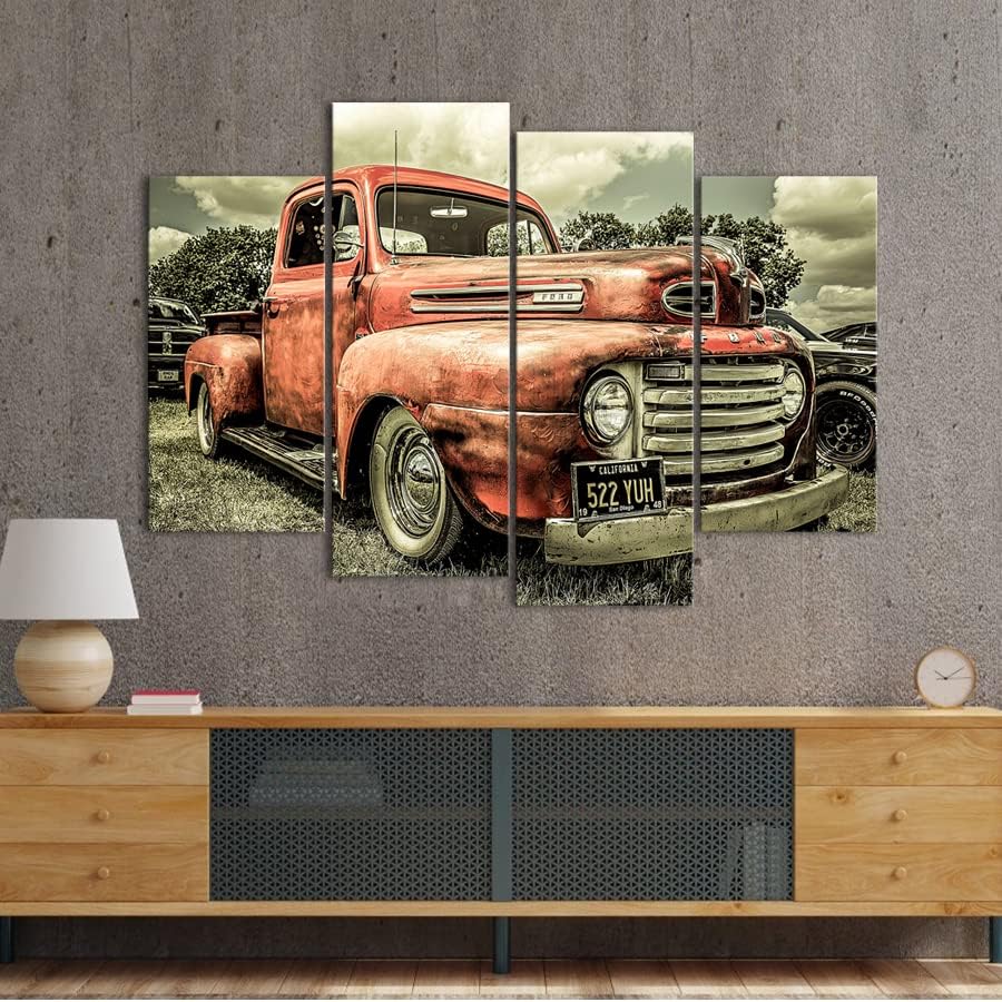 Artkissmore 4 панели слики со автомобили Canvas wallидна уметност-стар камион црвен автомобил во полето wallиден декор сликање слики гроздобер