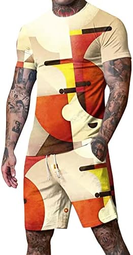Машки 2 парчиња летни јога облеки за личност, спортски печатено поставување маици со краток ракав и шорцеви, обични тропски комплети