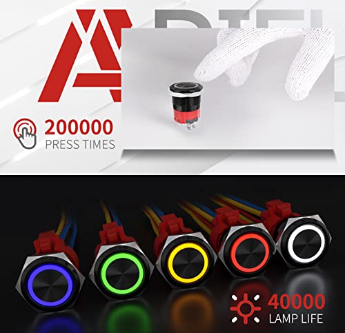 Apiele 10 Amp 22mm Latching Push Switch 12V Angel Eye LED LED водоотпорен алуминиумски легура околу само-заклучување 7/8 '' 1NO 1NC