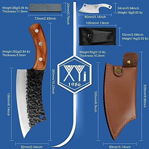 XYJ автентична целосна танг 6,2 инчи кујнски нож ножеви ножеви со носење кожна нож обвивка со висока јаглерод челик сечејќи ги ножевите за месар