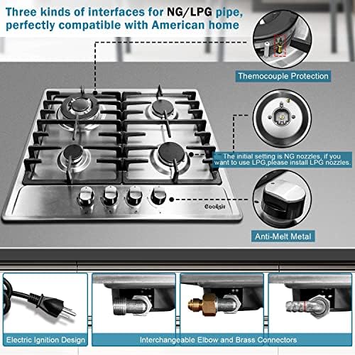 24-инчен гас готвач, Cooksir 4 Surner Clop-in Stovetop, NG/LPG кабриолет од не'рѓосувачки челик шпорет на гас со заштита од пламен, за RV, стан, затворен употреба, 110V