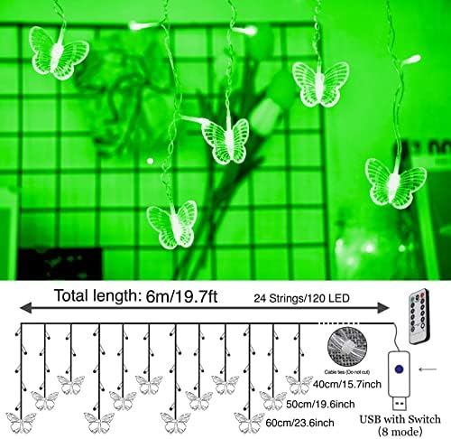 Butterfly Cutrain Lights St. Day Day Lights, 120 LED 19,7ft USB напојувани 8 режими далечински прозорец завеси светла со 24 пеперутки