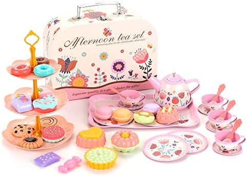 PowerTrc Princess Party Party Set за деца | Делукс чајот сет вклучува десерти, колачиња, закуски, чајник, чаши и многу повеќе! | Лесен за чување