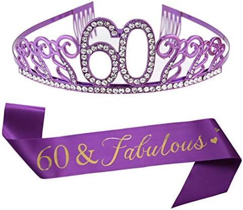 60 -ти виолетова роденденска тијара и појас виолетова сјајна сјај, кристал ринестон тијара круна за 60 -та роденденска забава, залага