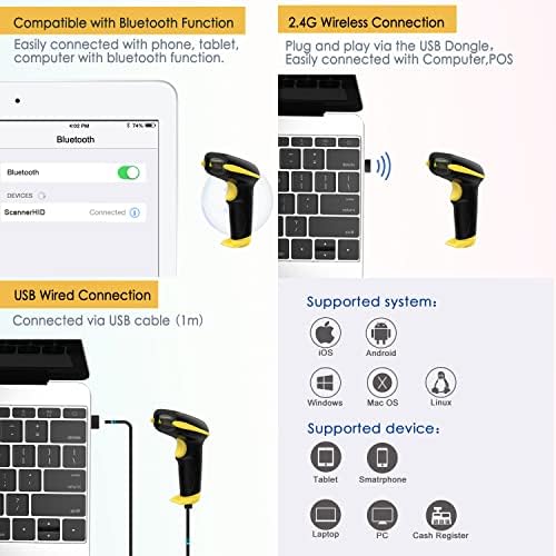 Неизразен скенер за безжичен баркод на Nadamoo, компатибилен со Bluetooth, рачен USB 1D безжичен ласерски бар -код за инвентар, работа