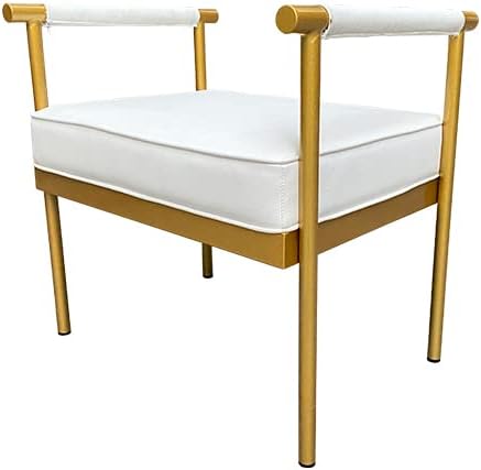 Прво од еден вид модерна бела клупа за седење со раце, модерен стил Faux кожа тапациран за влез бела клупа со златна рамка, клупа за седење за дневна соба, влез, спална ?