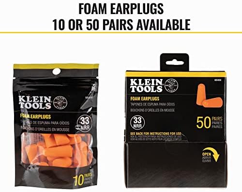 Klein Tools 6054050 FOAM EARPLUGS, 33DB NRR, портокал, со кутија за диспензери, за градба, гласен шум и работа, 50-пар