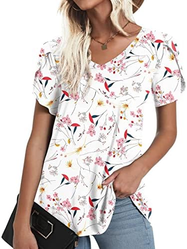 Маица девојки 2023 година со кратки ракави памук длабок v врат графички обичен лабав вклопување опуштена врвна маица за жени fi
