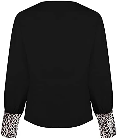 Womenените леопард печатени врвови тенка обична блуза со врат со врат од ракав, кошула за џемпер на отворено џемпер на отворено