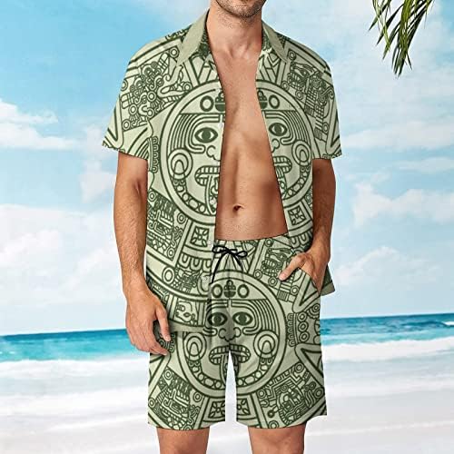 Мексико Маиан Ацтек Календар Машки 2 парчиња облека на плажа на Хавајски копче надолу со кошула со краток ракав и шорцеви костуми