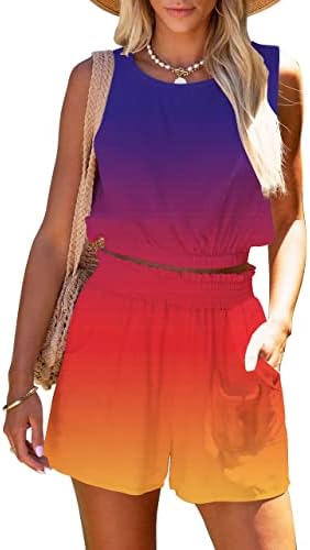 Аомице облека со две парчиња за жени летни салони поставува врвови на резервоарот без ракави и шорцеви со високи половини со џебови сини градиент XL