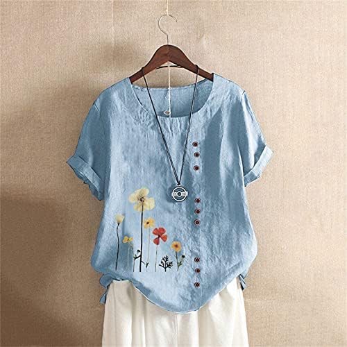Fragarn женски летни врвови со кратки ракави декор памучни постелнини валани ракав лабава маица обична цврста боја блуза маичка