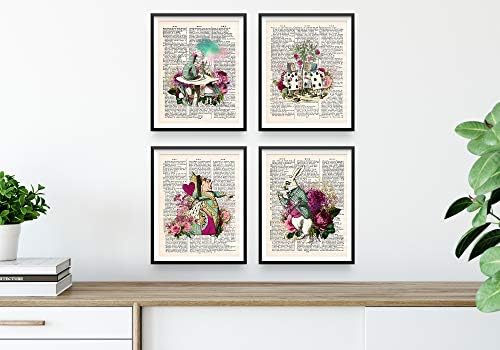 Alice in Wonderland Wall Art, 8x10 сет од 4 отпечатоци од врамени украси на ООН. На страницата за речник на речници во стилот на гроздобер.