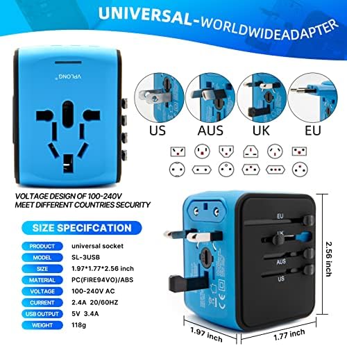 Vplong 4 USB удобен полнач, Меѓународен адаптер за патувања Универзален адаптер за електрична енергија во светот совршен за европски