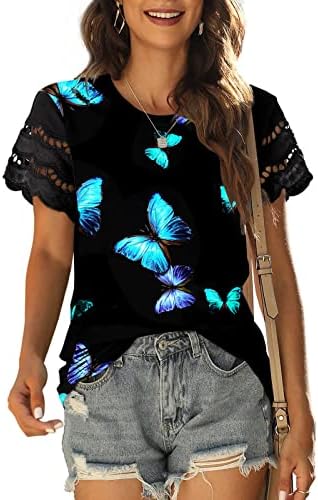 Чипка Памук Брод Вратот Пеперутка Градиент Цветни Графички Обични Блуза Кошула За Девојки Краток Ракав КОШУЛА VA