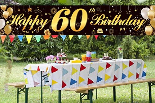 Среќен 60-Ти Роденден Банер, Роденден Знак Позадина Банер За Мажи Жените Навиваат за 60 Години, Трајни Црна&засилувач; Злато Сјајот Роденден