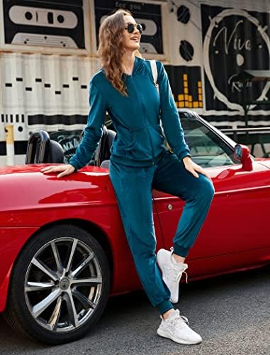 Adome Womens Velor Tracksuit 2 парче џемпер и џемпери Поставете целосна поштеда качулка со џебови со џебови