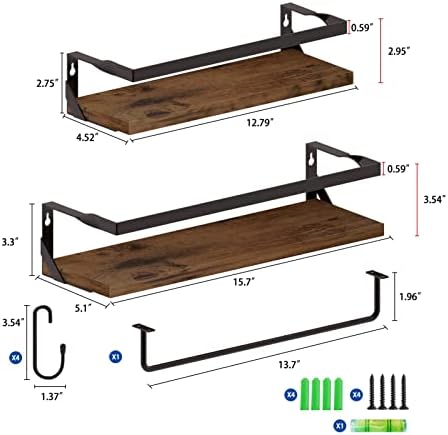 Дитвис Пловечки Полици Со Шина И Шипка За Крпи, Комплет Од 2 Рустикални Ѕидни Полици За Кујна, Кафе Бар, Бања, Вклучувајќи 4 Куки