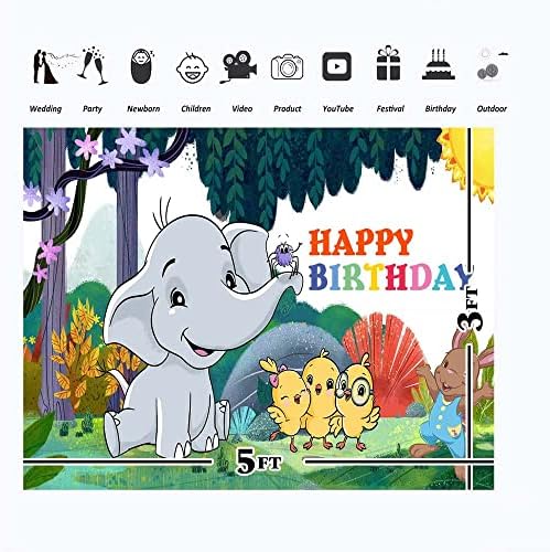 Среќен Роденден Кантикос Позадина за 1 роденден 5х3фт Слонови Со Кокошки Кантикос Роденденски Транспарент За Украси За Забави Винил Кантикос