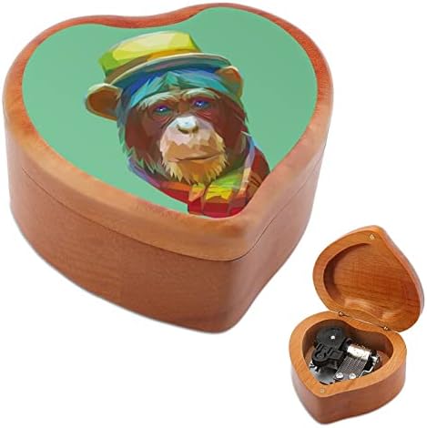 Портрет на хипстер-кимпанзи гроздобер дрвен часовник музички кутија музичка кутија во форма на срцеви подароци за семејни пријатели на lубовници