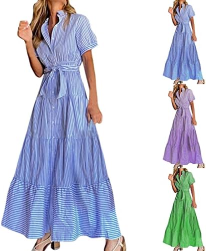 Обични летни фустани за жени шарени кошула фустан лапел кратки ракави копче до половината торта долг фустан фустан за одмор