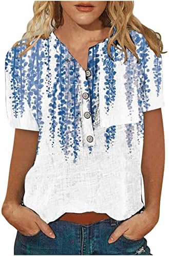 Графички врвови за жени лето кратко лев слатки маици памучни постелнина редовна вклопена обична маичка со кошула Хенли