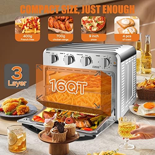 Geek Chef Chef Air Fryer Toster Combo Combo, 16QT конвекција на лигни, 4 парчиња тостер, 9-инчен пица, Whit Warm, Broil, Toast, Bake, Air Fry, без масло, 100+ онлајн видео рецепти и додатоци