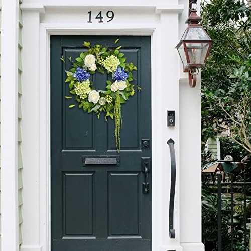 23 инчи летни венци за влезна врата, соомеир сина и зелена хидранга -пролетна врата од вратите надвор, цветен и сезонски венец,