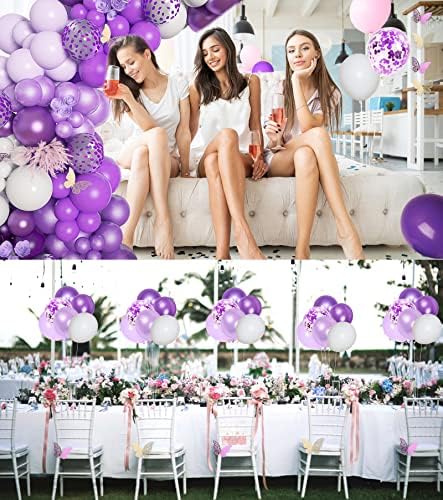 152 парчиња Виолетови Балони Комплет За Венец Бела Виолетова Конфети Латекс Метални Балони Со Хартиена Пеперутка За Туширање