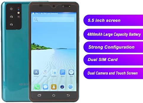 Смартфон Heyyzoki, 5,5 инчи отклучени мобилни телефони, 4800mAh голема батерија 4G двојна SIM 11 мобилен телефон, 2 GB 16 GB, ID на лице, 8MP 5MP камера, зелена