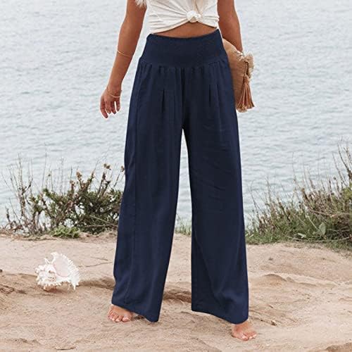 Постелни панталони за постелнина за жени летни обични пукани пантацо панталони лабави се вклопуваат широки панталони со панталони со џебови