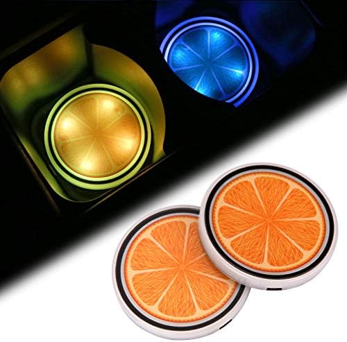 Accarparts LED држач за држач за чаши, портокалово овошје лого -крајбрежни автомобили со 7 бои кои се менуваат мат за полнење со USB, луминисцентна чаша подлога за внатрешна