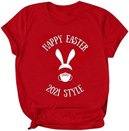 Здфер Велигденски зајаче печати маици за жени, симпатични лабави блузи со кратки ракави, обични врвови на екипажот на екипажот на екипажот