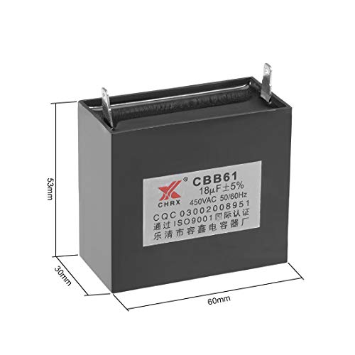 Кондензатор на вентилаторот на таванот Uxcell CBB61 18UF 450V AC единечен вметнат метализирани кондензатори на полипропилен филм 60x53x30mm