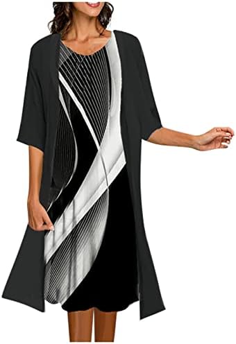 Cucuham женски 2 парчиња облека за жени лето секојдневно печатење шифон 3/4 ракав миди фустан