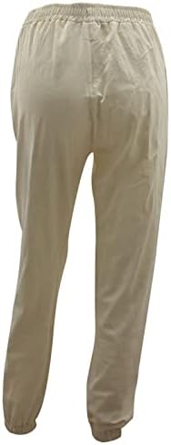 Фелегд женски памучни памучни постелнини панталони цврста боја еластична половината летна обична плажа лабава исечени панталони со џеб