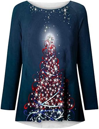 Туника за жени за жени Божиќна обична маичка за женски маици со долги ракави маица лабава вклопена екипа на пулвер блуза