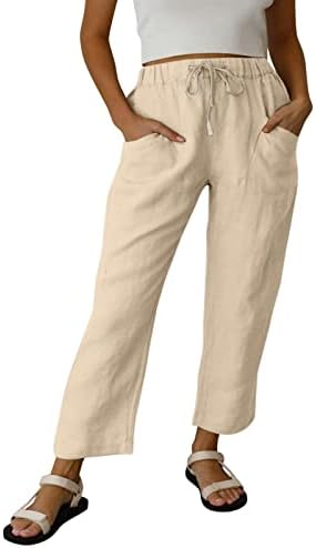 Женски памучни постелнини панталони со високи половини за лабава лабава вклопени обични панталони со џебови лето истегнување на