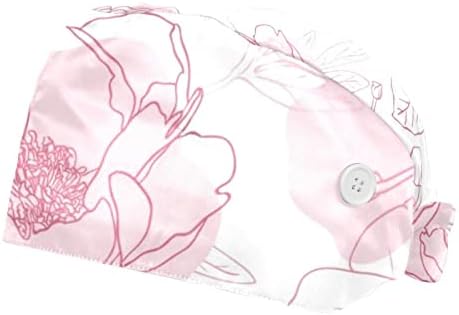 2 парчиња унисекс буфантни капачиња со копчиња Врзете ги капачињата со џемпери за жени мажи, рачни нацртани пиони шема розова