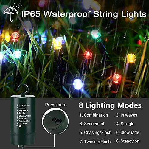Божиќни светла со повеќе бои, 66 ft 200 LED LED батерии управувани со жица светла водоотпорни 8 режими и автоматски тајмер мини