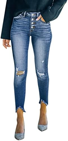 Слаби фармерки за жени средни џебови сини класични случајни плус големина искинати панталони панталони
