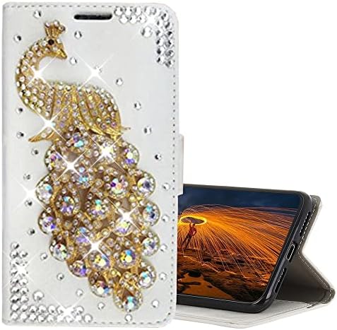 Сјајот Паричник Телефон Случај Компатибилен Со Samsung Galaxy A10e 2019, As-ZEKE 3d Рачно Изработени Серија Паун Кристал Блинг Дизајн